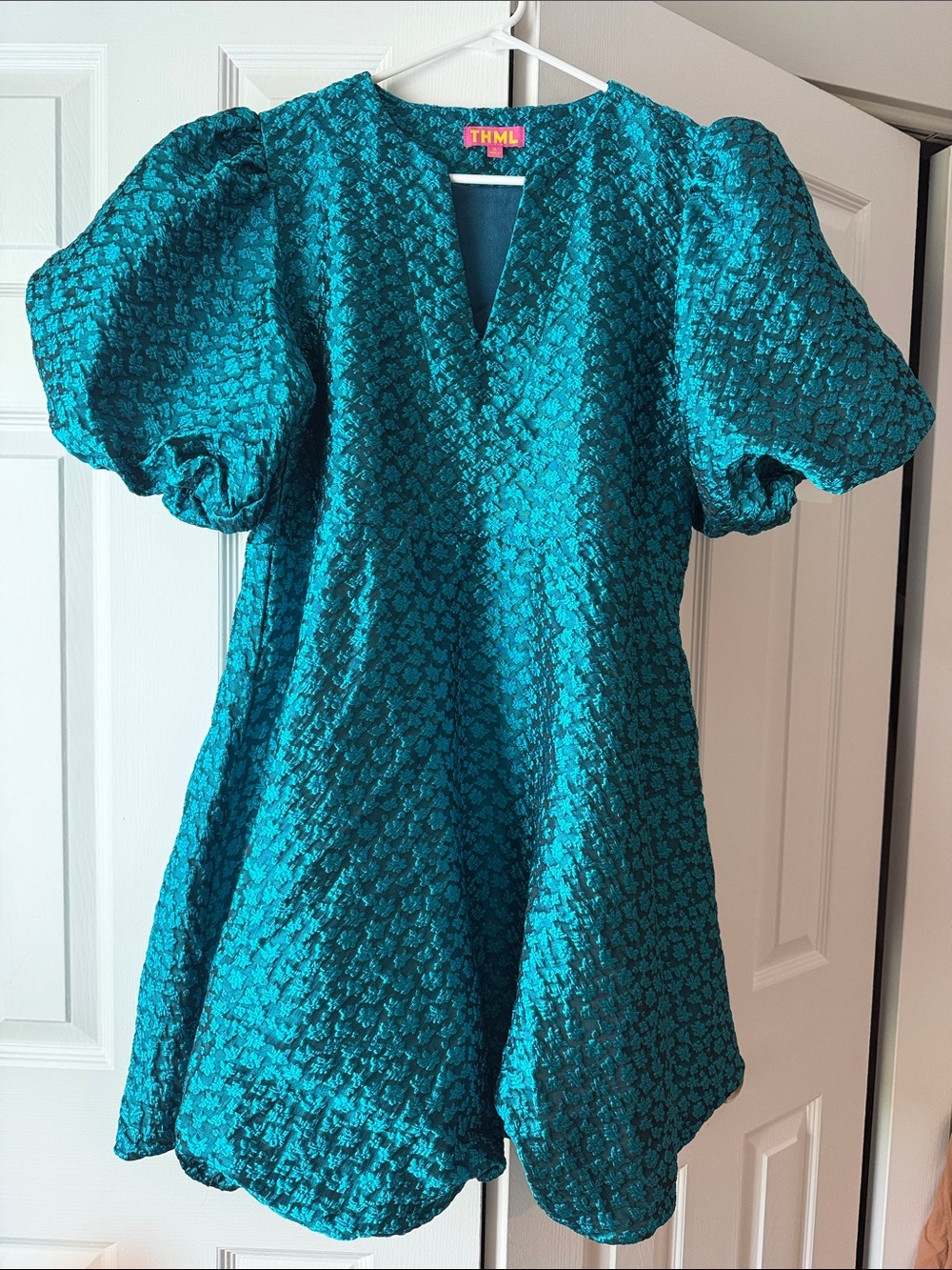 THML Teal V-Neck Puff Sleeve Jacquard Mini Dress